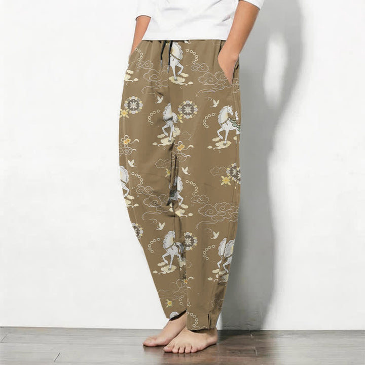 Buddha Stones Pure Cotton White Horse Cloud Blossom Pattern Drawstring Men's Tapered Pants With Pockets - image 12