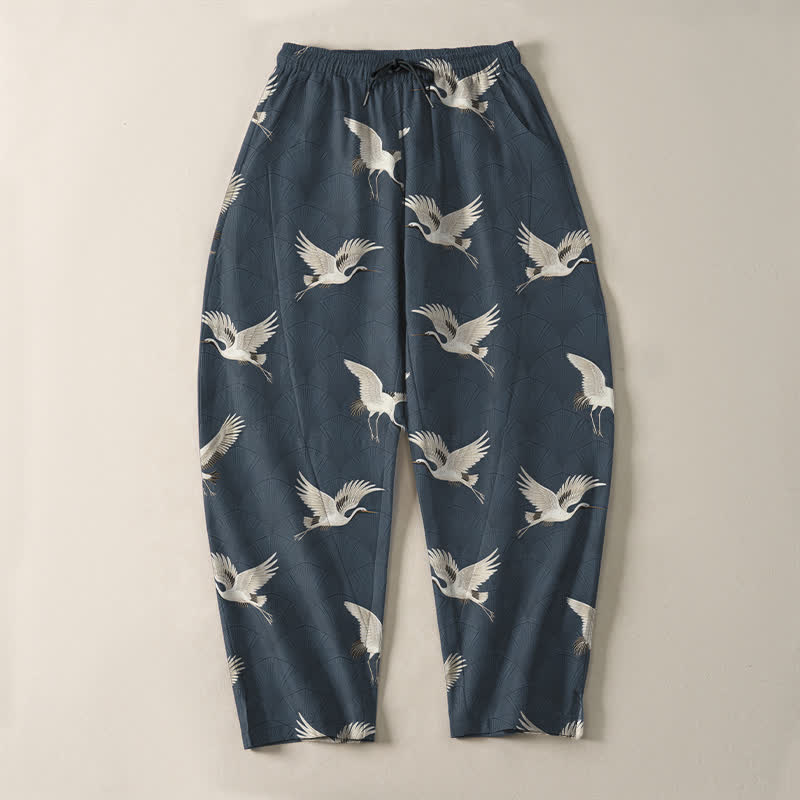 Buddha Stones Pure Cotton Flying White Crane Pattern Drawstring Men's Tapered Pants With Pockets - image 2
