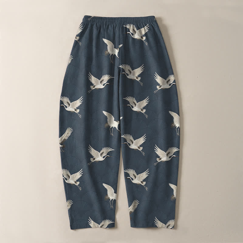Buddha Stones Pure Cotton Flying White Crane Pattern Drawstring Men's Tapered Pants With Pockets - image 3
