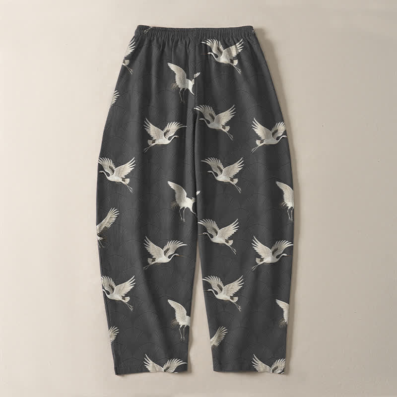 Buddha Stones Pure Cotton Flying White Crane Pattern Drawstring Men's Tapered Pants With Pockets - image 10