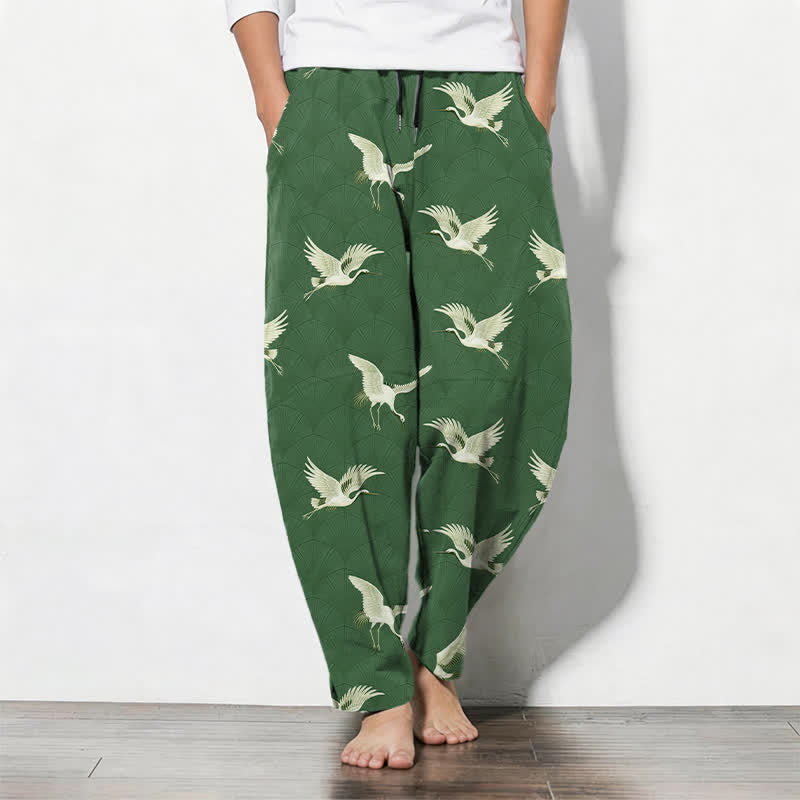 Buddha Stones Pure Cotton Flying White Crane Pattern Drawstring Men's Tapered Pants With Pockets - ForestGreen - US/UK/AU50，EU60 (5XL) - image 11