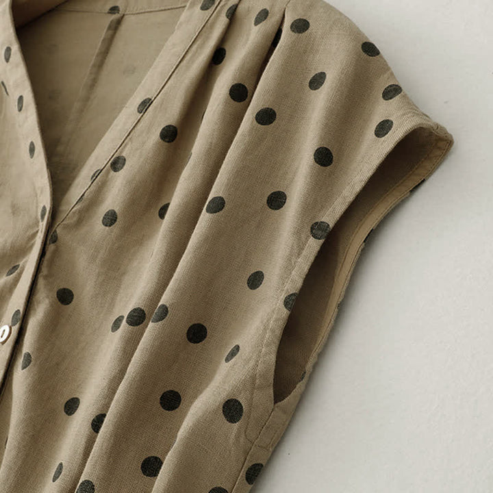 Buddha Stones Summer Polka Dot V-Neck Lace-up Women's Knee Length Dress With Pockets - image 3