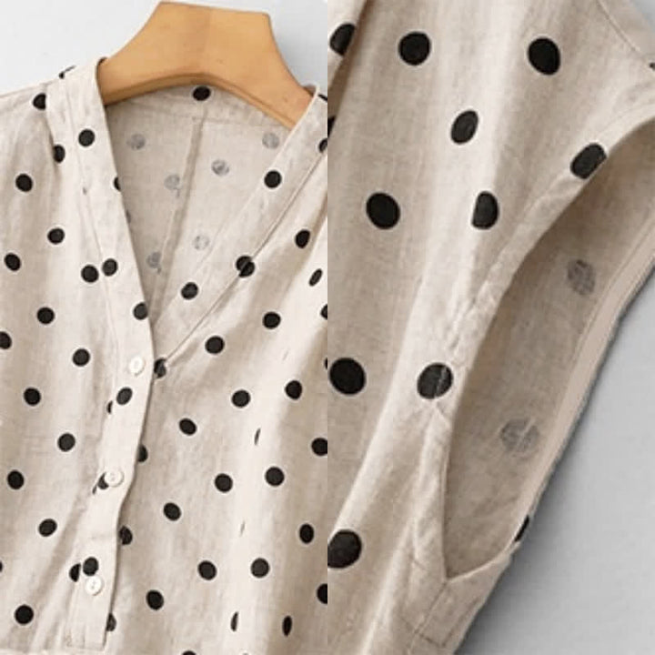 Buddha Stones Summer Polka Dot V-Neck Lace-up Women's Knee Length Dress With Pockets - image 16