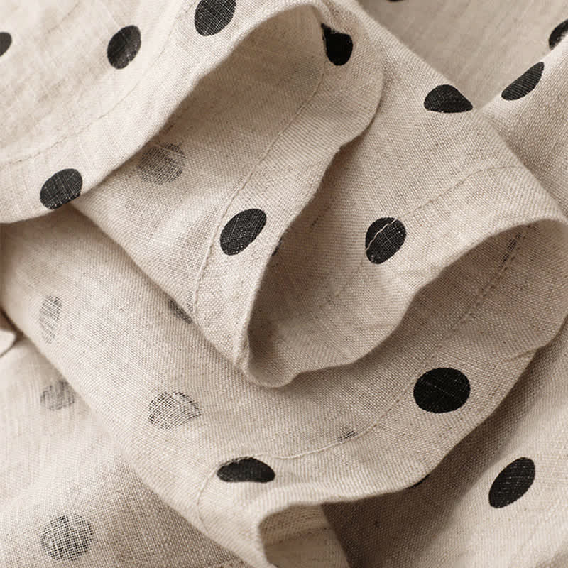 Buddha Stones Summer Polka Dot V-Neck Lace-up Cotton Linen Women's Midi Dress With Pockets - image 19