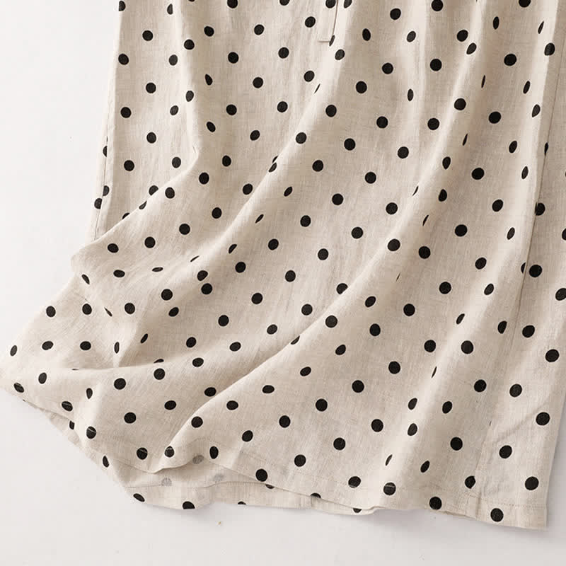 Buddha Stones Summer Polka Dot V-Neck Lace-up Cotton Linen Women's Midi Dress With Pockets - image 17