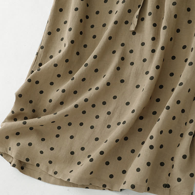Buddha Stones Summer Polka Dot V-Neck Lace-up Cotton Linen Women's Midi Dress With Pockets - image 6