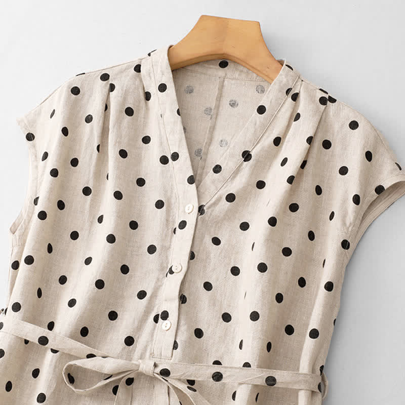 Buddha Stones Summer Polka Dot V-Neck Lace-up Cotton Linen Women's Midi Dress With Pockets - image 10