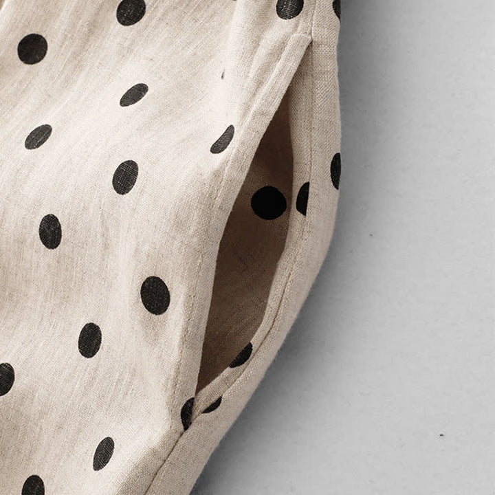 Buddha Stones Summer Polka Dot V-Neck Lace-up Cotton Linen Women's Midi Dress With Pockets - image 14