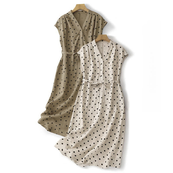 Buddha Stones Summer Polka Dot V-Neck Lace-up Women's Knee Length Dress With Pockets - image 20