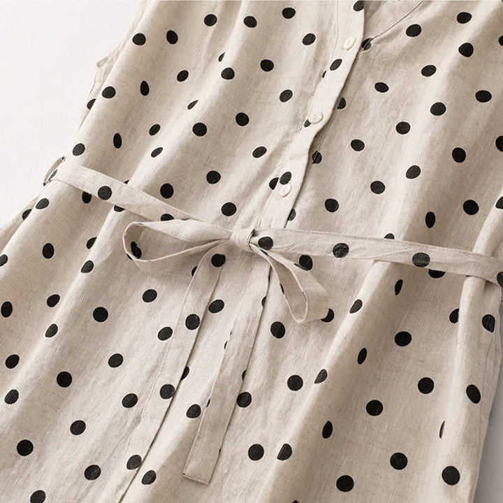 Buddha Stones Summer Polka Dot V-Neck Lace-up Cotton Linen Women's Midi Dress With Pockets - image 15
