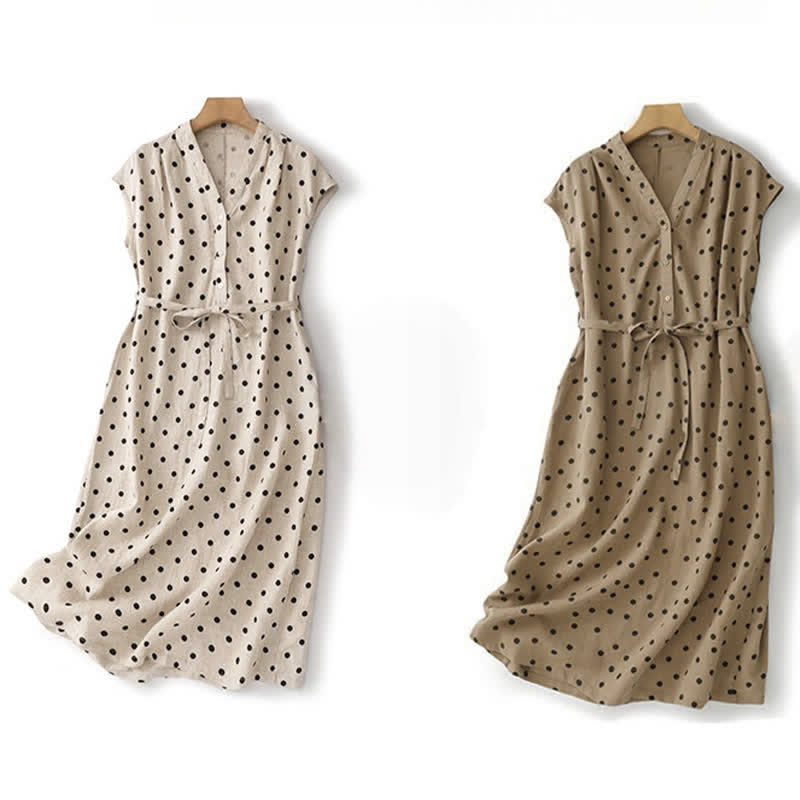 Buddha Stones Summer Polka Dot V-Neck Lace-up Cotton Linen Women's Midi Dress With Pockets - image 21