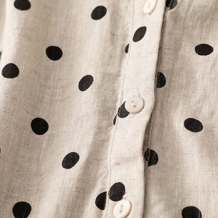 Buddha Stones Summer Polka Dot V-Neck Lace-up Cotton Linen Women's Midi Dress With Pockets - image 11