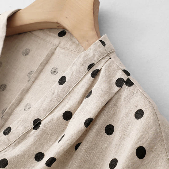 Buddha Stones Summer Polka Dot V-Neck Lace-up Cotton Linen Women's Midi Dress With Pockets - image 12