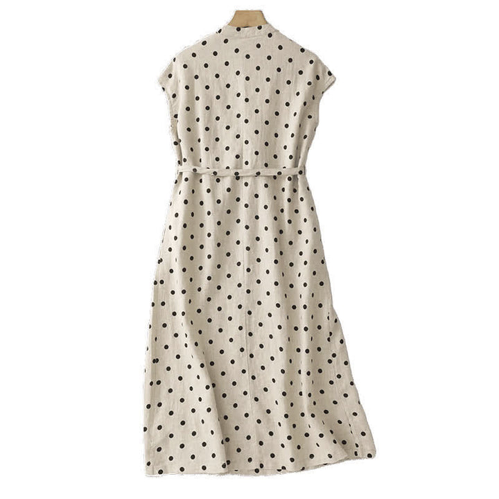 Buddha Stones Summer Polka Dot V-Neck Lace-up Women's Knee Length Dress With Pockets - image 9