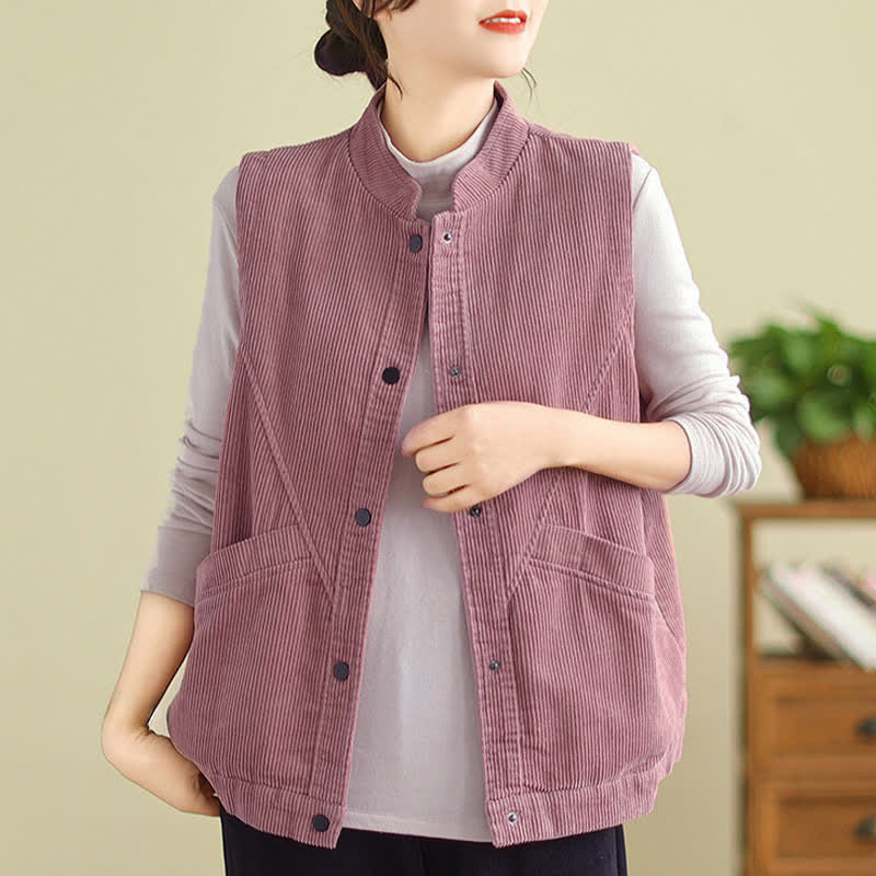 Buddha Stones Plain Sleeveless Women's Cotton Vest Corduroy Waistcoat With Pockets - image 9