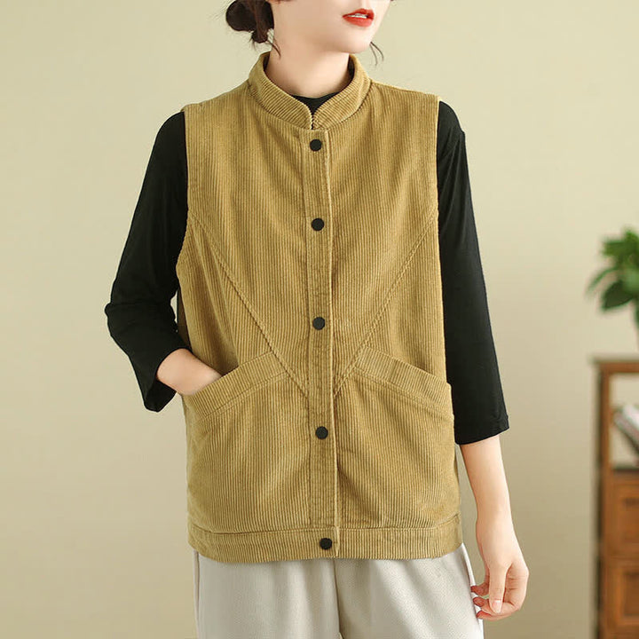 Buddha Stones Plain Sleeveless Women's Cotton Vest Corduroy Waistcoat With Pockets - Goldenrod - US8-10，UK/AU12-14，EU40-42 (2XL) - image 14