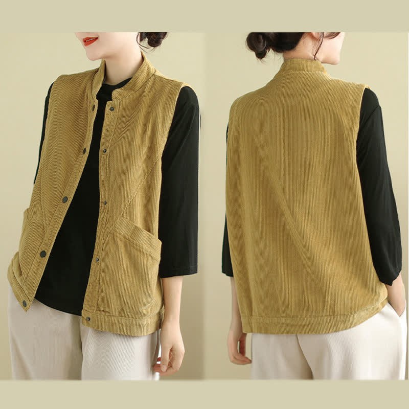Buddha Stones Plain Sleeveless Women's Cotton Vest Corduroy Waistcoat With Pockets - image 18