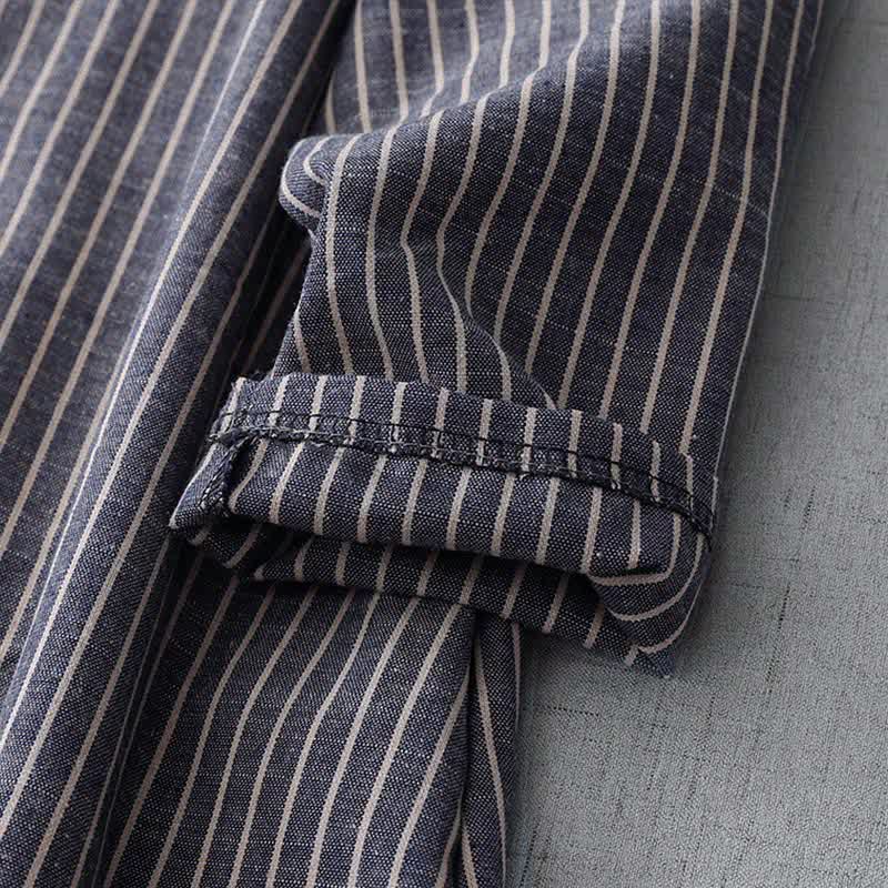 Buddha Stones LightSteelBlue White Striped Long Sleeve Lapel Cotton Linen Midi Dress With Pockets - image 5