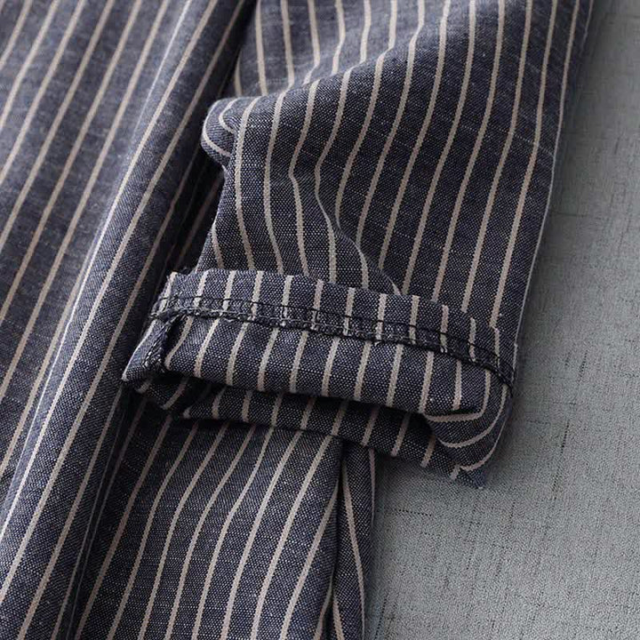 Buddha Stones LightSteelBlue White Striped Long Sleeve Lapel Cotton Linen Midi Dress With Pockets - image 5