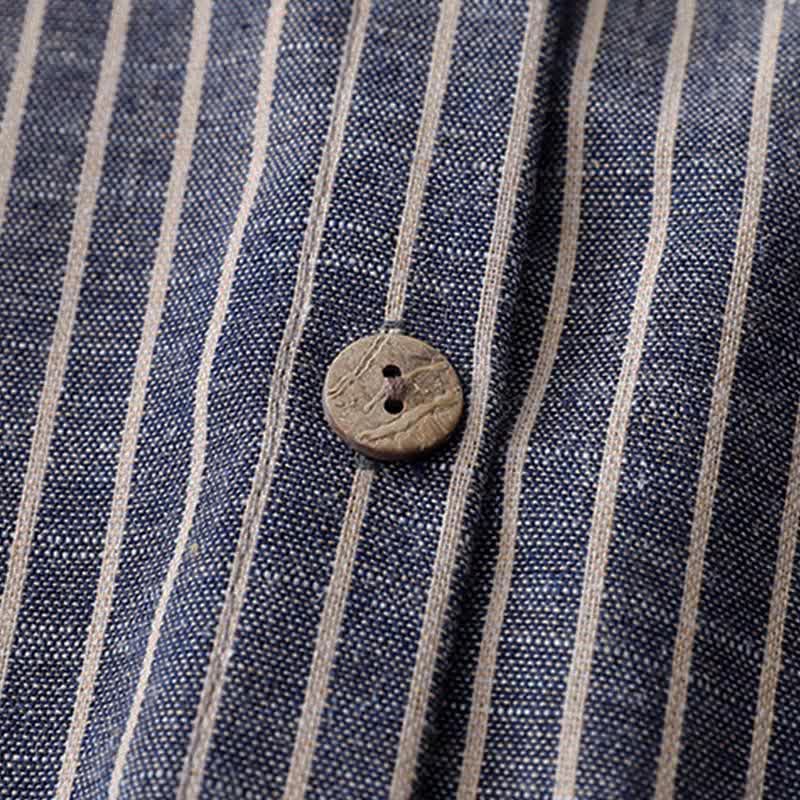Buddha Stones LightSteelBlue White Striped Long Sleeve Lapel Cotton Linen Midi Dress With Pockets - image 4
