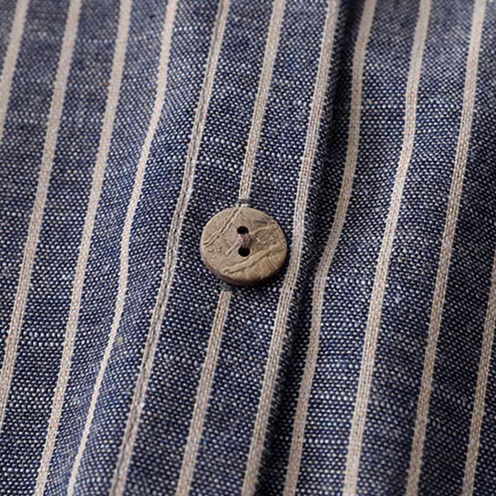 Buddha Stones LightSteelBlue White Striped Long Sleeve Lapel Cotton Linen Midi Dress With Pockets - image 4
