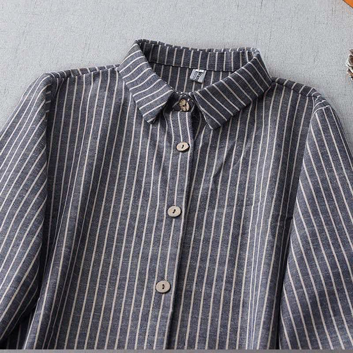 Buddha Stones LightSteelBlue White Striped Long Sleeve Lapel Cotton Linen Midi Dress With Pockets - image 2