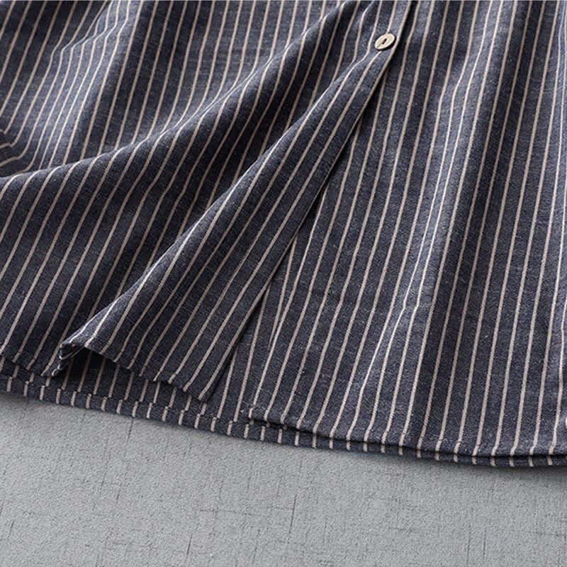 Buddha Stones LightSteelBlue White Striped Long Sleeve Lapel Cotton Linen Midi Dress With Pockets - image 8