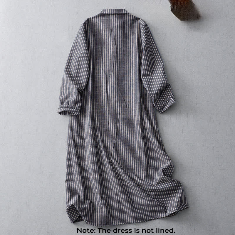 Buddha Stones LightSteelBlue White Striped Long Sleeve Lapel Cotton Linen Midi Dress With Pockets - image 1