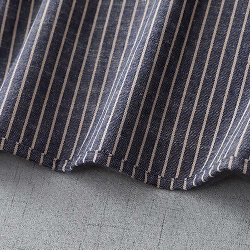 Buddha Stones LightSteelBlue White Striped Long Sleeve Lapel Cotton Linen Midi Dress With Pockets - image 9