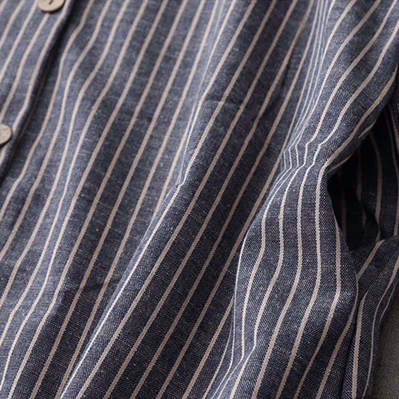 Buddha Stones LightSteelBlue White Striped Long Sleeve Lapel Cotton Linen Midi Dress With Pockets - image 6