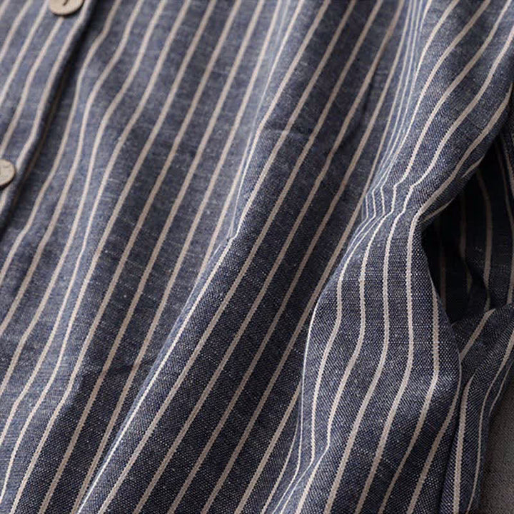 Buddha Stones LightSteelBlue White Striped Long Sleeve Lapel Cotton Linen Midi Dress With Pockets - image 6