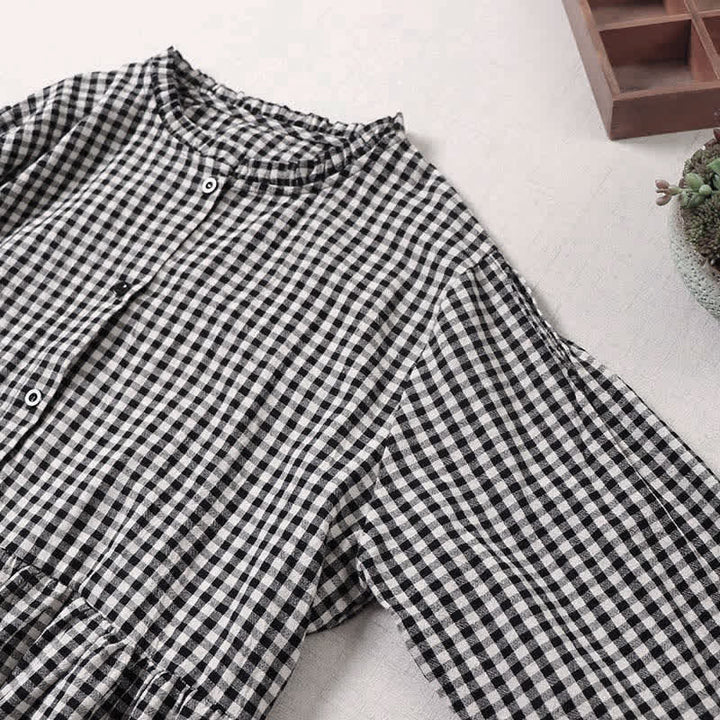 Buddha Stones Long Sleeve Plaid Simple Buttons Ruffled Design Midi Dress With Pockets - image 11