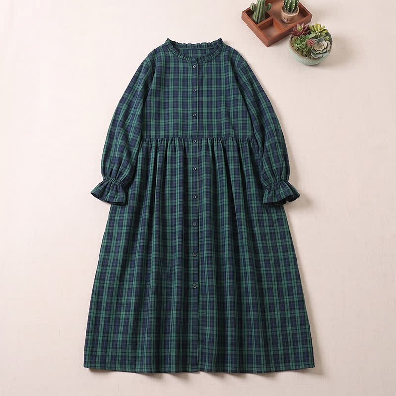 Buddha Stones Long Sleeve Plaid Simple Buttons Ruffled Design Midi Dress With Pockets - Black DarkGreen Plaid - US8-10，UK/AU12-14，EU40-42 (2XL) - image 0