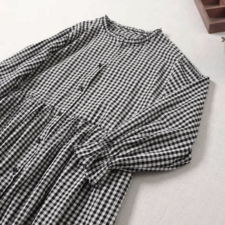 Buddha Stones Long Sleeve Plaid Simple Buttons Ruffled Design Midi Dress With Pockets - image 12