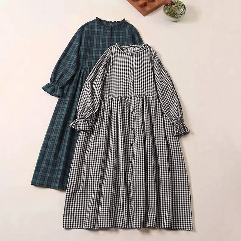Buddha Stones Long Sleeve Plaid Simple Buttons Ruffled Design Midi Dress With Pockets - image 20