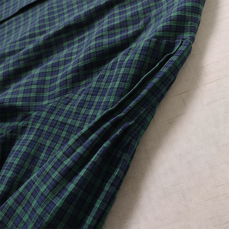 Buddha Stones Long Sleeve Plaid Simple Buttons Ruffled Design Midi Dress With Pockets - image 3