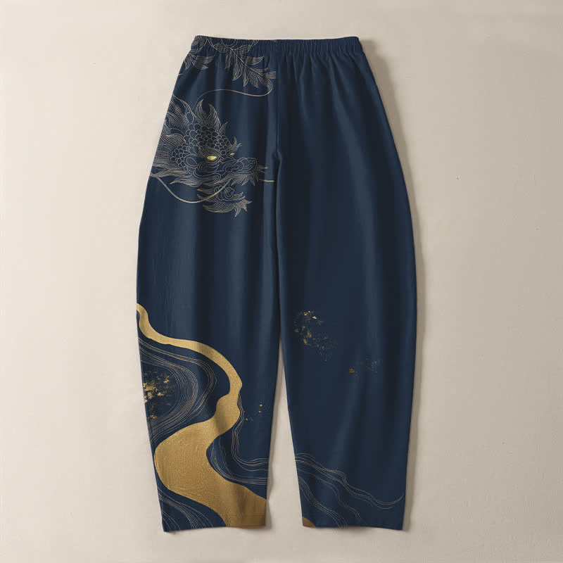 Buddha Stones Pure Cotton Golden Dragon Cloud Wave Pattern Drawstring Men's Tapered Pants With Pockets - image 10