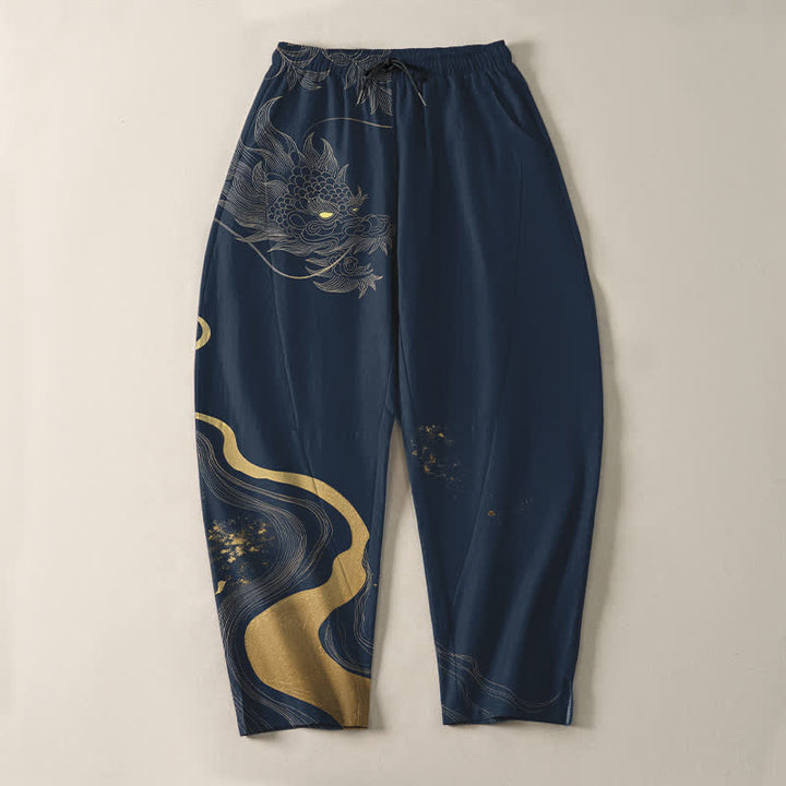 Buddha Stones Pure Cotton Golden Dragon Cloud Wave Pattern Drawstring Men's Tapered Pants With Pockets - image 9