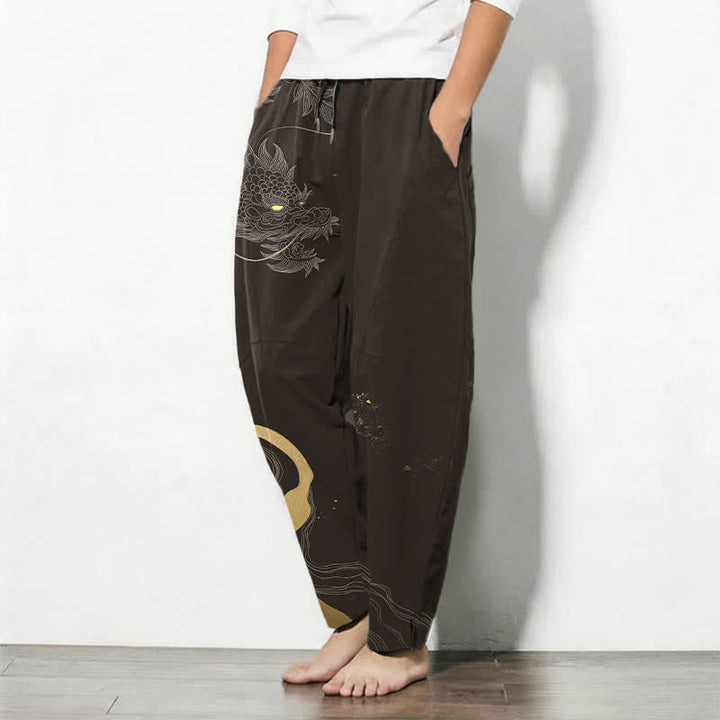Buddha Stones Pure Cotton Golden Dragon Cloud Wave Pattern Drawstring Men's Tapered Pants With Pockets - image 12