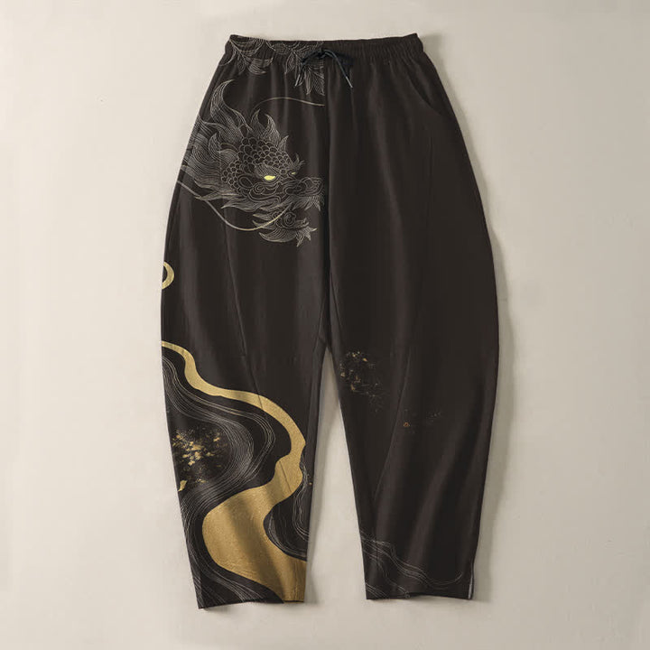Buddha Stones Pure Cotton Golden Dragon Cloud Wave Pattern Drawstring Men's Tapered Pants With Pockets - image 13