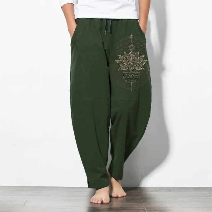 Buddha Stones Pure Cotton Lotus Mandala Geometry Pattern Drawstring Men's Tapered Pants With Pockets - DarkOliveGreen - US/UK/AU50，EU60 (5XL) - image 7