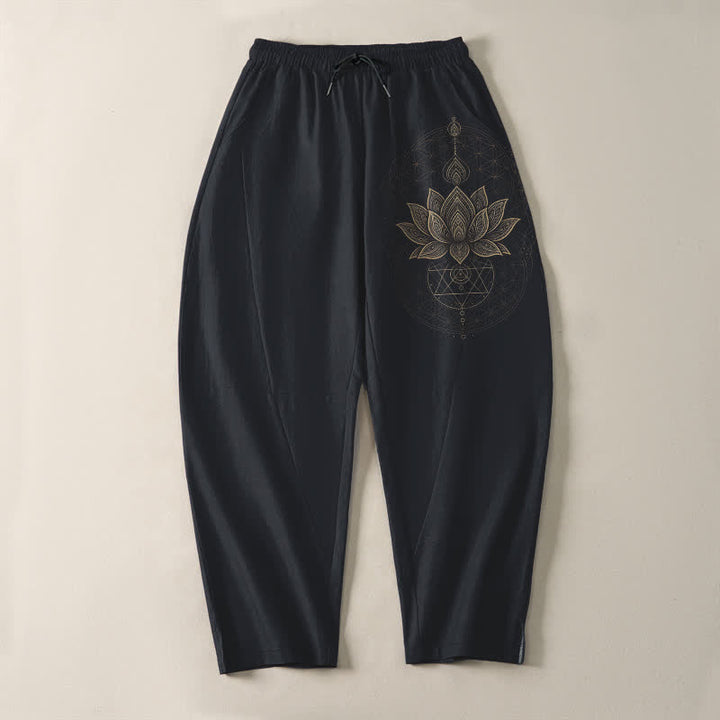 Buddha Stones Pure Cotton Lotus Mandala Geometry Pattern Drawstring Men's Tapered Pants With Pockets - image 13