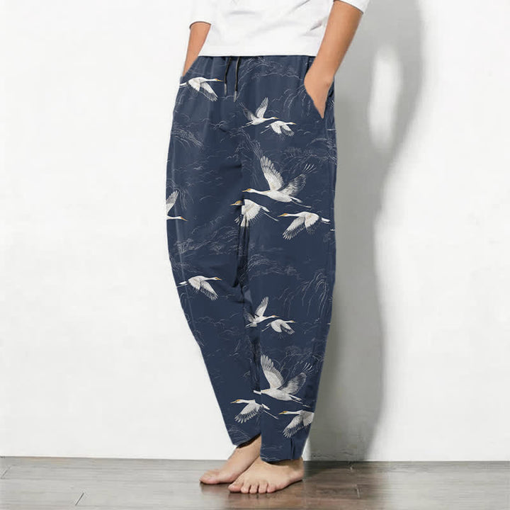 Buddha Stones Pure Cotton White Crane Pine Pattern Drawstring Men's Tapered Pants With Pockets - image 1
