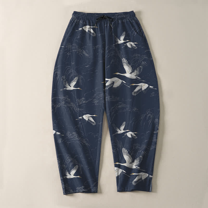 Buddha Stones Pure Cotton White Crane Pine Pattern Drawstring Men's Tapered Pants With Pockets - image 2