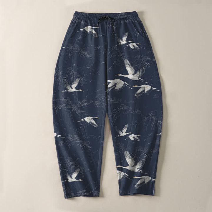 Buddha Stones Pure Cotton White Crane Pine Pattern Drawstring Men's Tapered Pants With Pockets - image 2