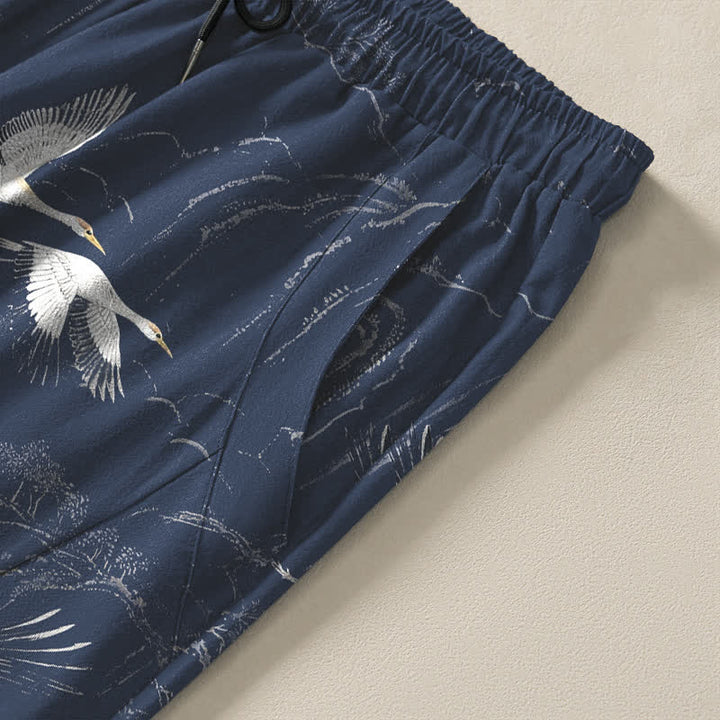 Buddha Stones Pure Cotton White Crane Pine Pattern Drawstring Men's Tapered Pants With Pockets - image 4