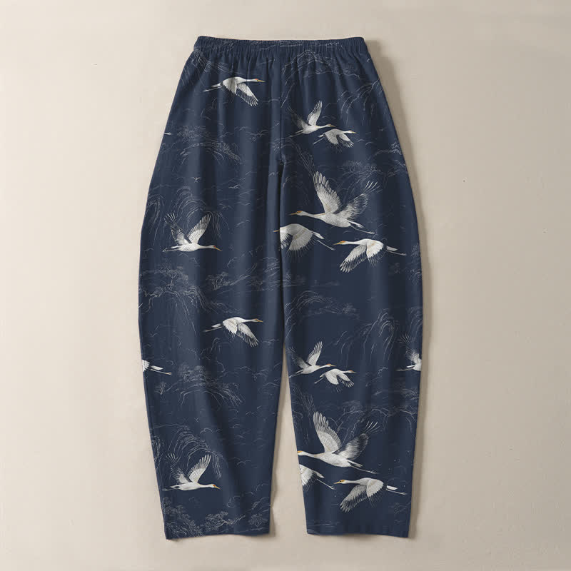 Buddha Stones Pure Cotton White Crane Pine Pattern Drawstring Men's Tapered Pants With Pockets - image 3