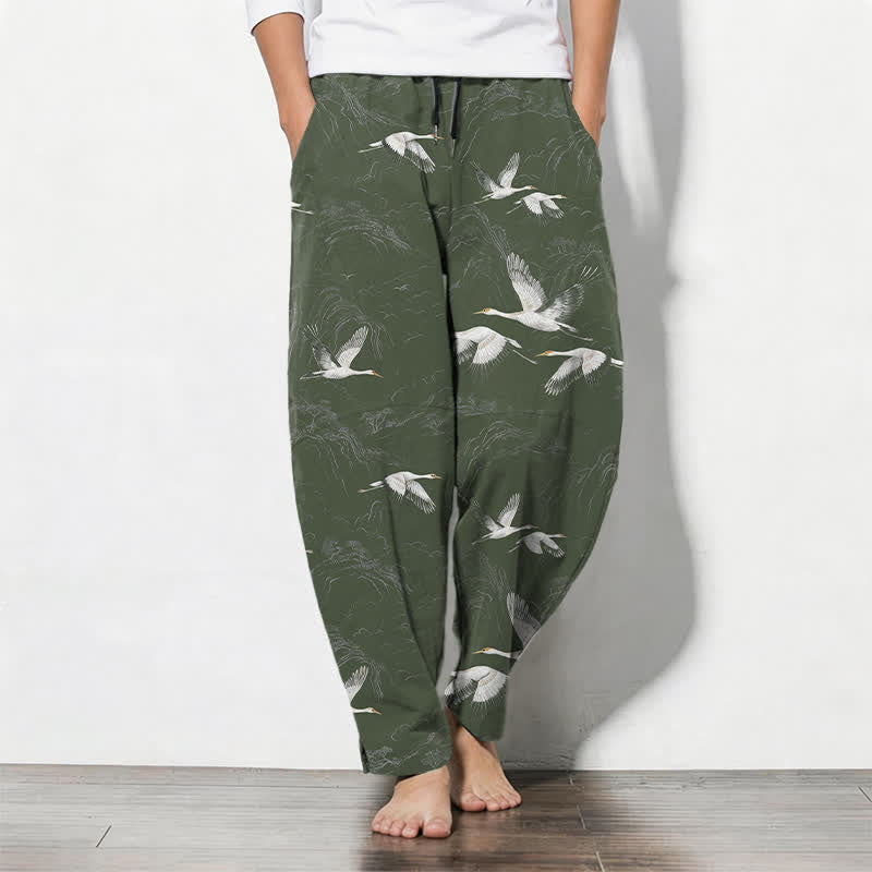 Buddha Stones Pure Cotton White Crane Pine Pattern Drawstring Men's Tapered Pants With Pockets - DarkOliveGreen - US/UK/AU50，EU60 (5XL) - image 7