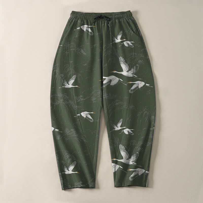 Buddha Stones Pure Cotton White Crane Pine Pattern Drawstring Men's Tapered Pants With Pockets - image 9