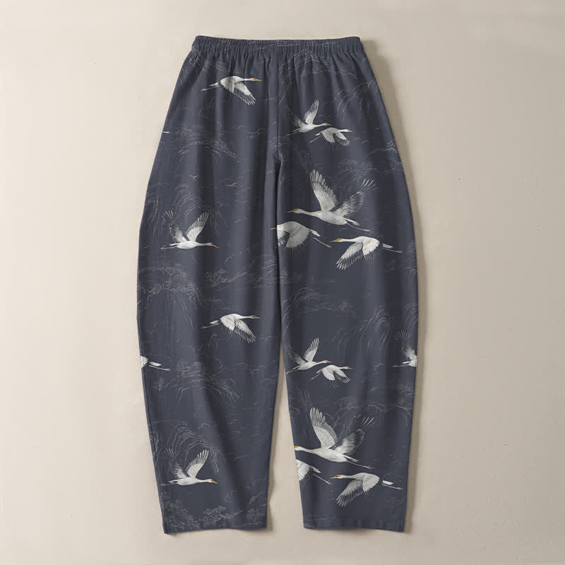 Buddha Stones Pure Cotton White Crane Pine Pattern Drawstring Men's Tapered Pants With Pockets - image 14